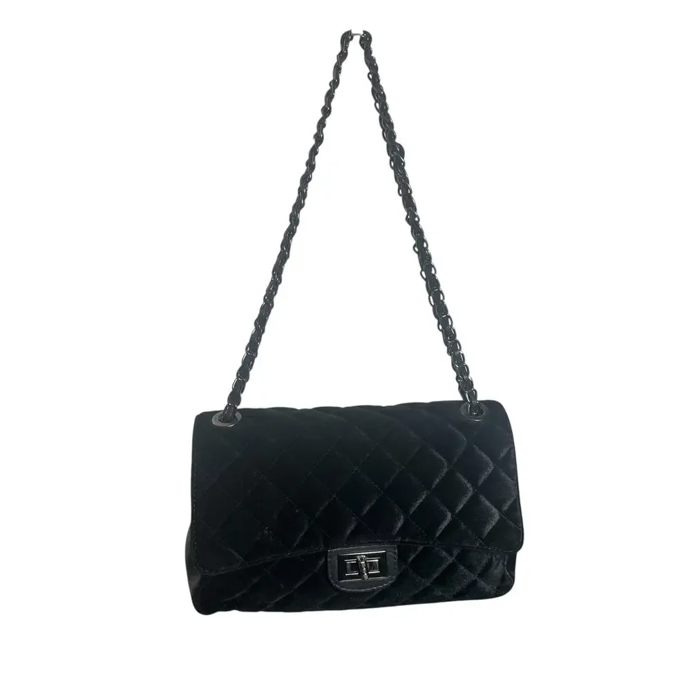 Italian Quilted Velvet and Leather Shoulder Bag Chain Strap Black Luxury
